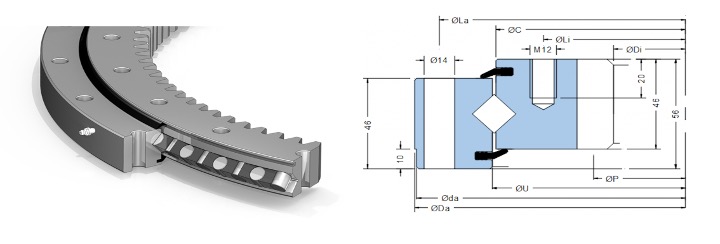 Inner geared cross roller slewing bearing