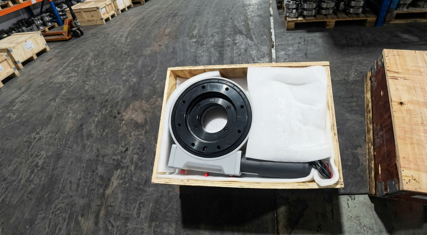 LyraDrive SEA7-71-121085 enclosed worm gear slew drive with integrated motor in export wooden case LyraDrive SEA7-71-121085 enclosed worm gear slew drive with integrated motor in export wooden case
